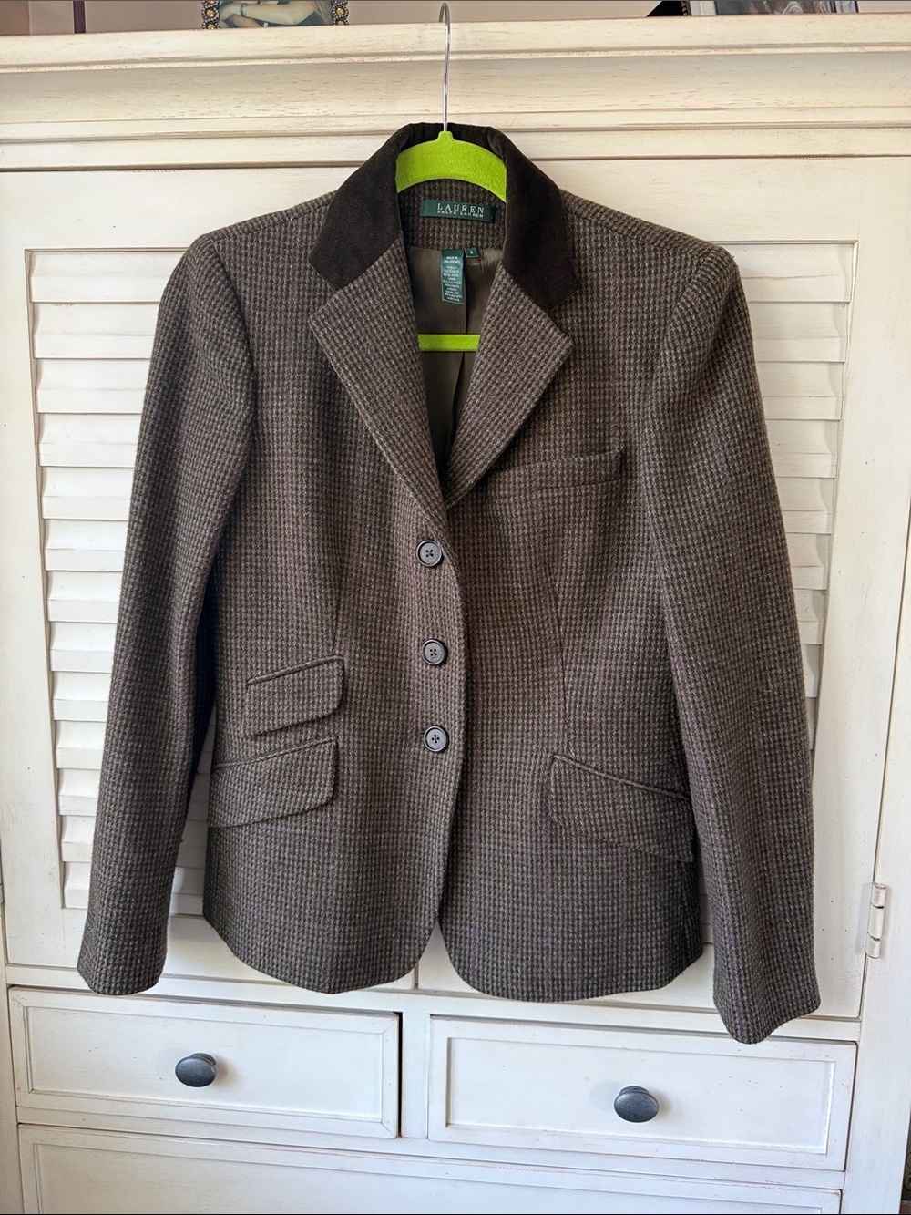 Lauren Ralph Lauren Brown Houndstooth Wool-Blend Blazer with Dark Collar